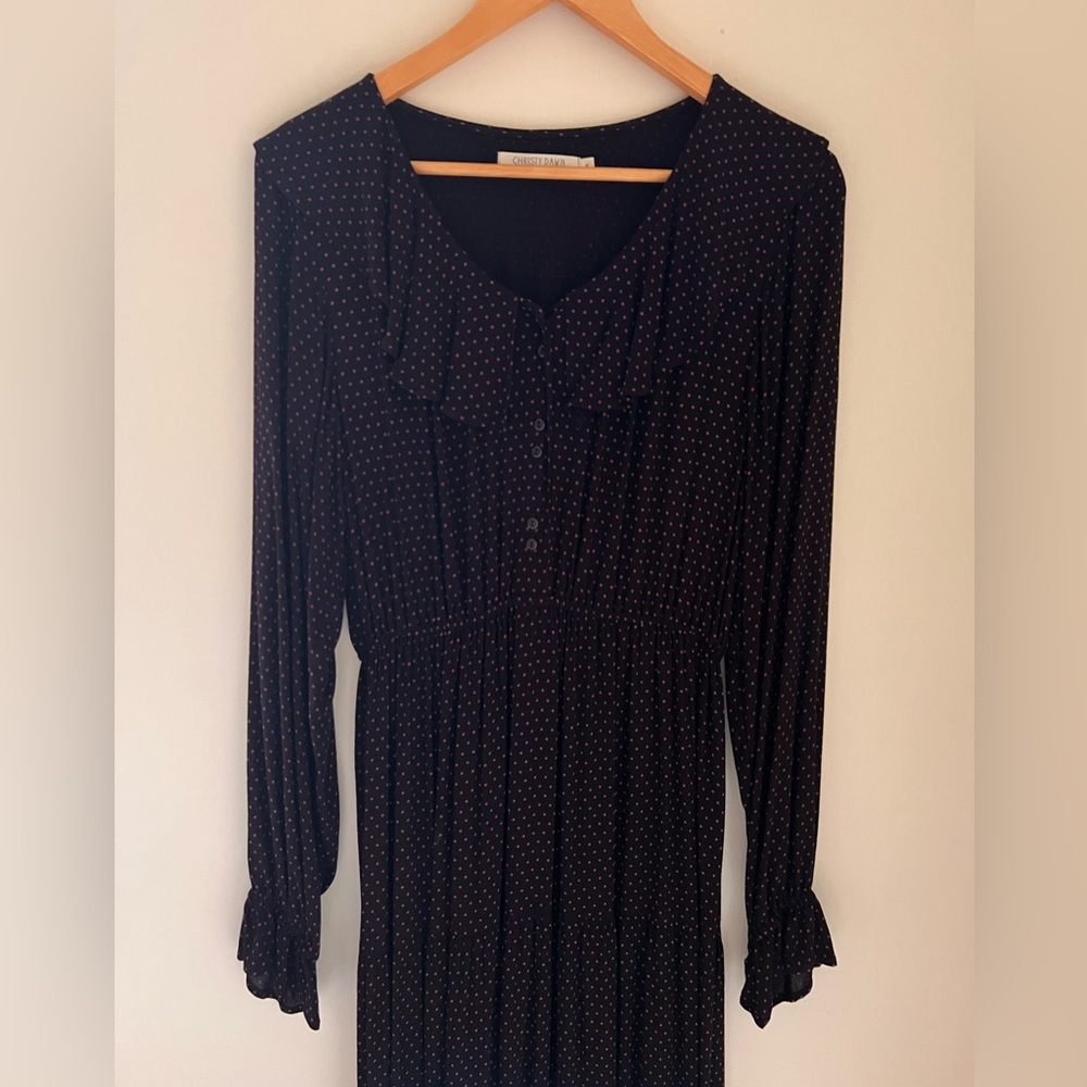 Christy Dawn maxi dress, long sleeve, black with tiny polka dots, Medium